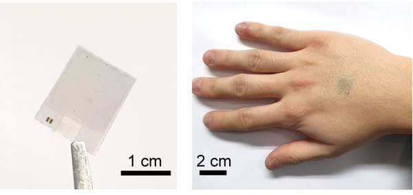 (좌)투명한 스마트 온열 패치, (우)패치를 손등에 부착한 모습 / 자료이미지=IBS