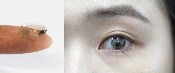 안압 모니터링 콘택트렌즈(왼쪽)와 사람이 착용한 모습 / 자료이미지=한국연구재단